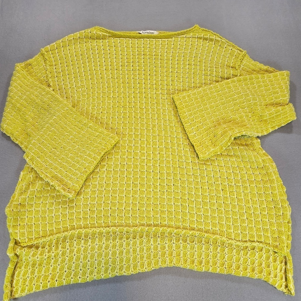 Davi & Dani Waffle Knit Sweater Womens L Yellow Bell Sleeve Boho Boat Neck - Picture 3 of 7